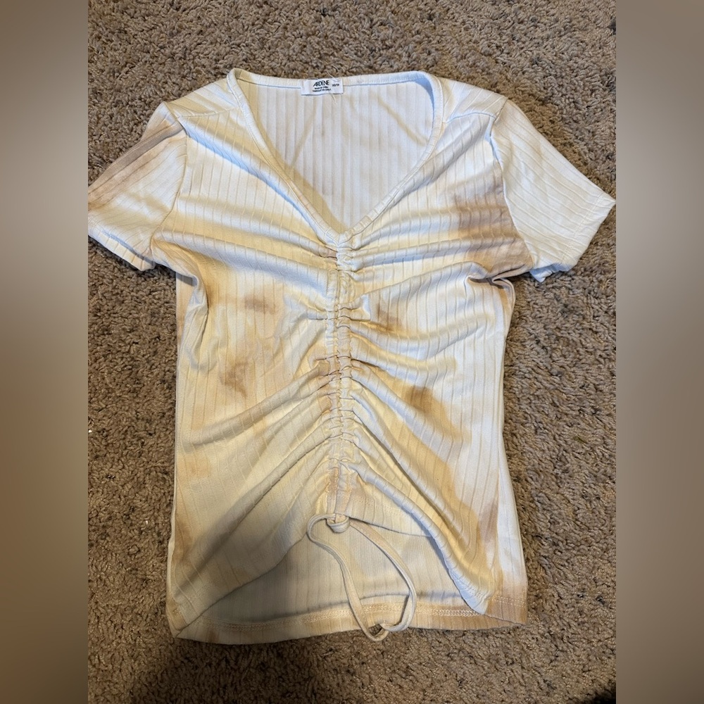 Ardene White Ruched Ribbed v neck short sleeve top